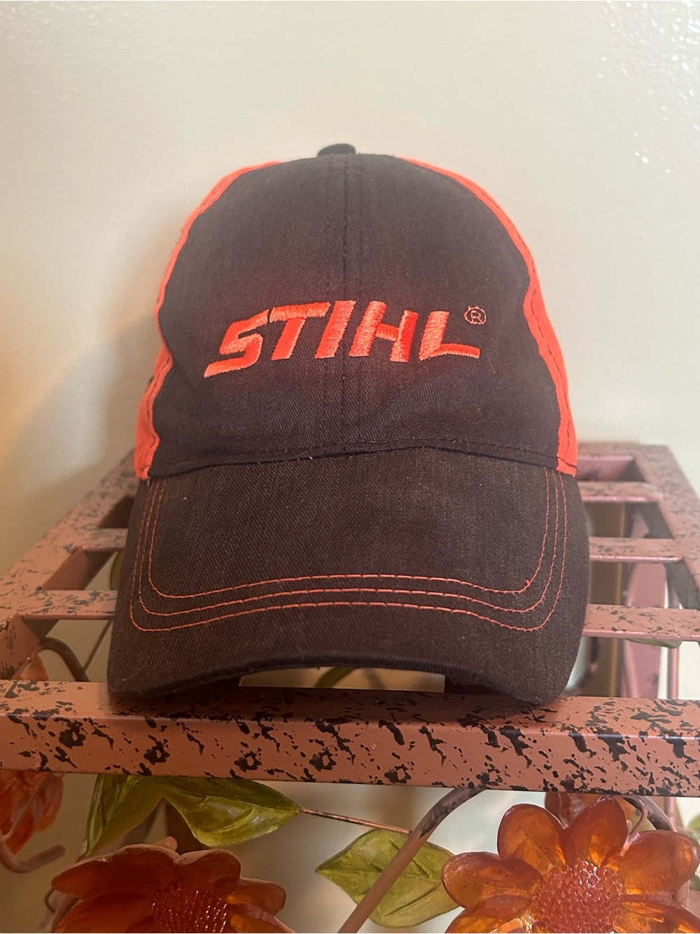 Stihl Outfitters Apparel Logo Hat Baseball Cap Charcoal Black Neon Orange